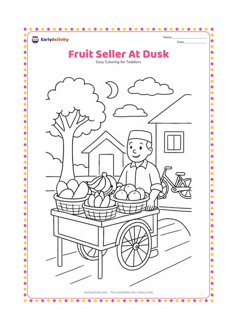 Colouring page: Draw a friendly fruit seller beside a pushcart at dusk, with large mangoes, bananas, oranges and watermelons arranged in separate baskets. Add a street tree, a simple house front, a…