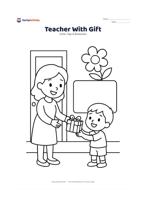 Worksheet: A smiling teacher receives a small wrapped gift from one child, with a large flower and a broad blank message area beside them. Add a simple doorway and floor line to suggest a classroom…