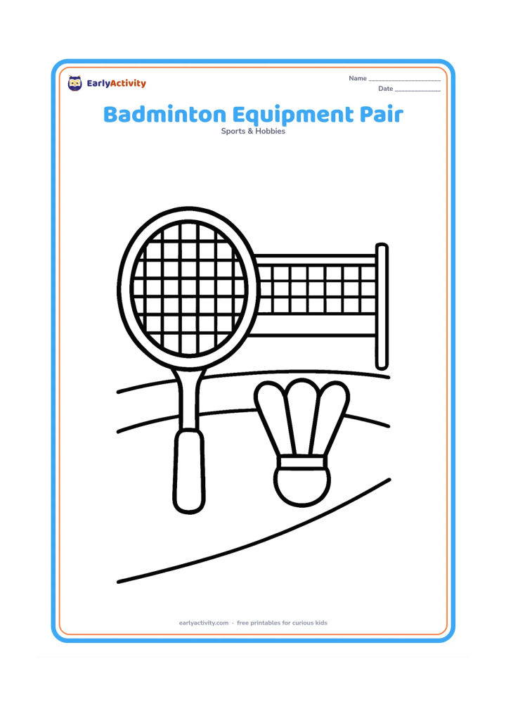 Colouring page: Draw a racket and shuttlecock arranged side by side on a plain sports court, with a low net faintly behind them. Add two large curved court boundary lines.