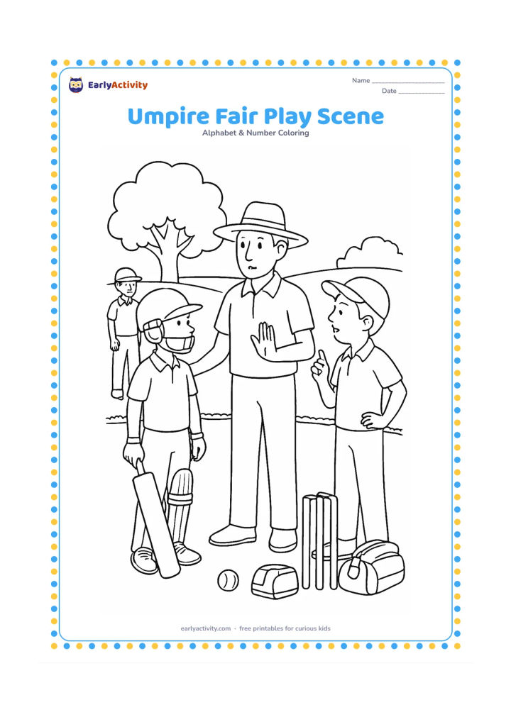 Colouring page: Draw an umpire calmly resolving a friendly school cricket disagreement while two players listen and teammates wait nearby. Include a bat, ball, wickets, boundary rope, sports bags and a…