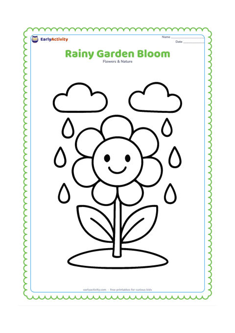 Colouring page: Draw one large cheerful flower standing upright in a small patch of ground, with a few large raindrops and two simple clouds above. Keep the flower as the main focus.