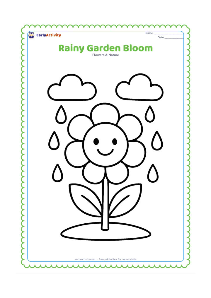 Colouring page: Draw one large cheerful flower standing upright in a small patch of ground, with a few large raindrops and two simple clouds above. Keep the flower as the main focus.