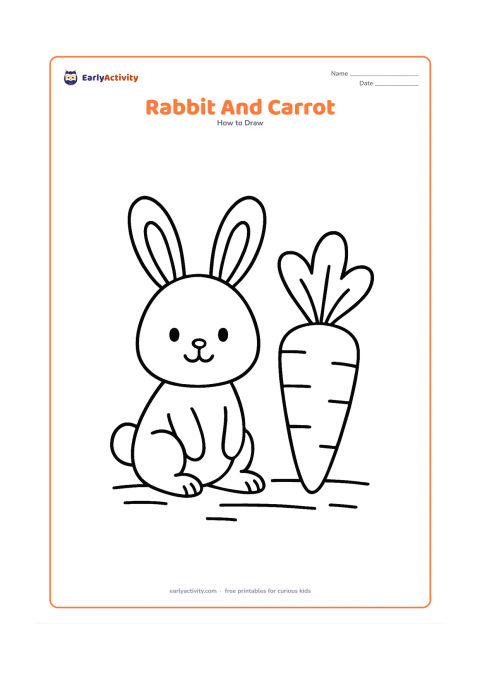Worksheet: Show a sitting rabbit beside one large carrot, with a round head, long ears, oval body, simple paws and a round tail. Add only two or three broad ground lines.