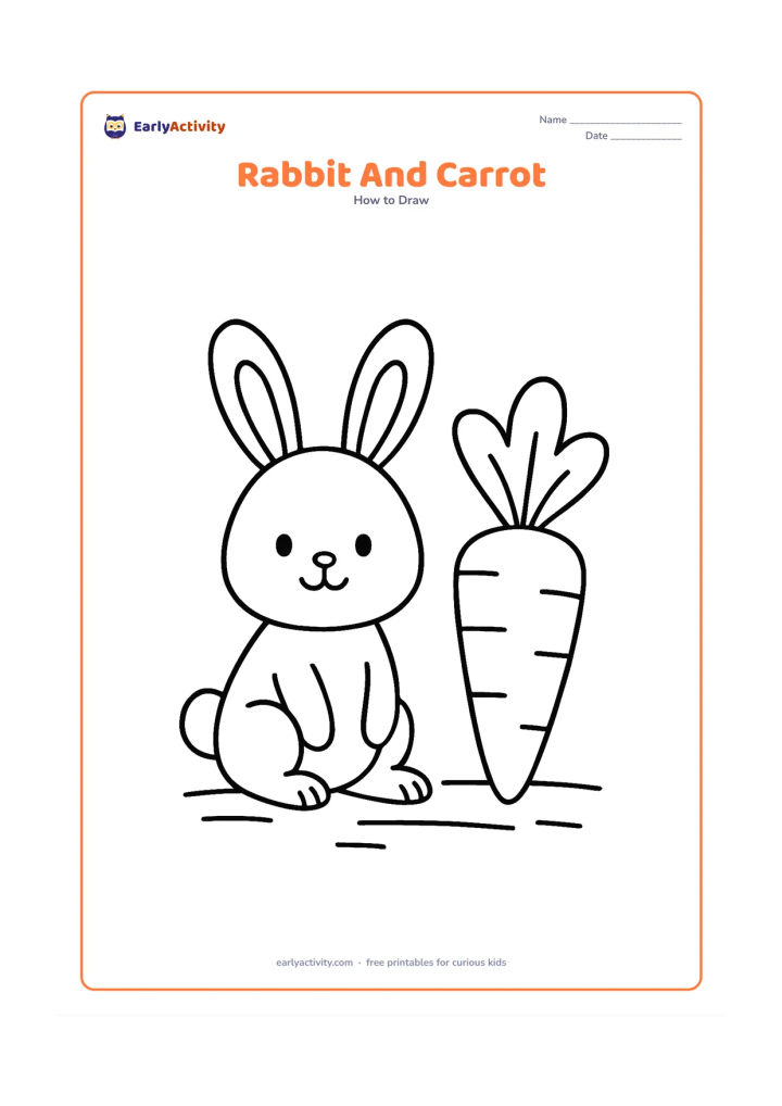 Worksheet: Show a sitting rabbit beside one large carrot, with a round head, long ears, oval body, simple paws and a round tail. Add only two or three broad ground lines.