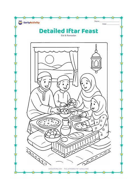 Colouring page: Draw a richly arranged family iftar on a low table, with several family members serving dates, fruit, water, rice, and flatbreads. Include floor cushions, patterned tablecloth edges, a…