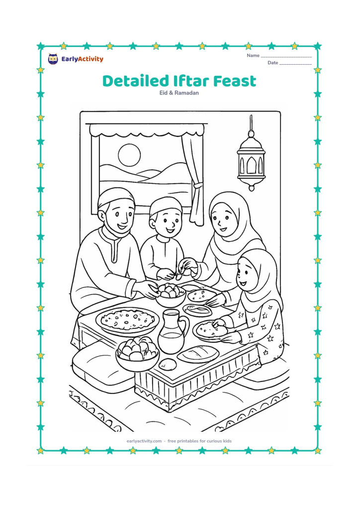 Colouring page: Draw a richly arranged family iftar on a low table, with several family members serving dates, fruit, water, rice, and flatbreads. Include floor cushions, patterned tablecloth edges, a…