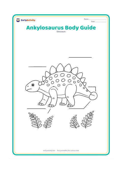 Colouring page: Place a large side-view Ankylosaurus in the centre with its head, armour, feet and club tail fully visible. Add four blank pointer lines ending near those features, with no labels,…