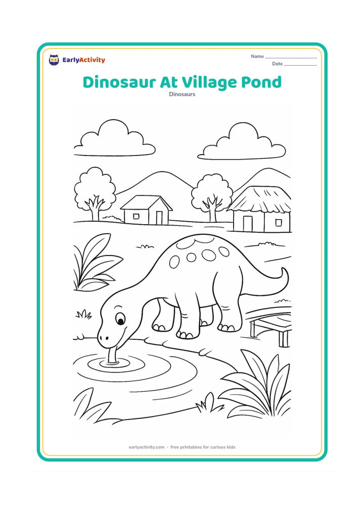 Colouring page: A friendly long-necked dinosaur drinks from a village pond beside broad leafy plants, a small footbridge and a simple thatched shelter. Include a few ripples and distant trees.