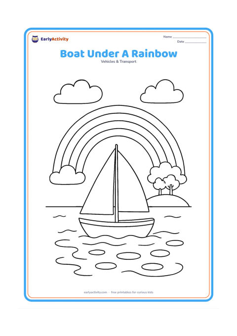 Colouring page: Draw a small sailboat travelling beneath a large rainbow after rain, with puddle-like ripples on the water and clouds clearing overhead. Add a distant island with two trees.