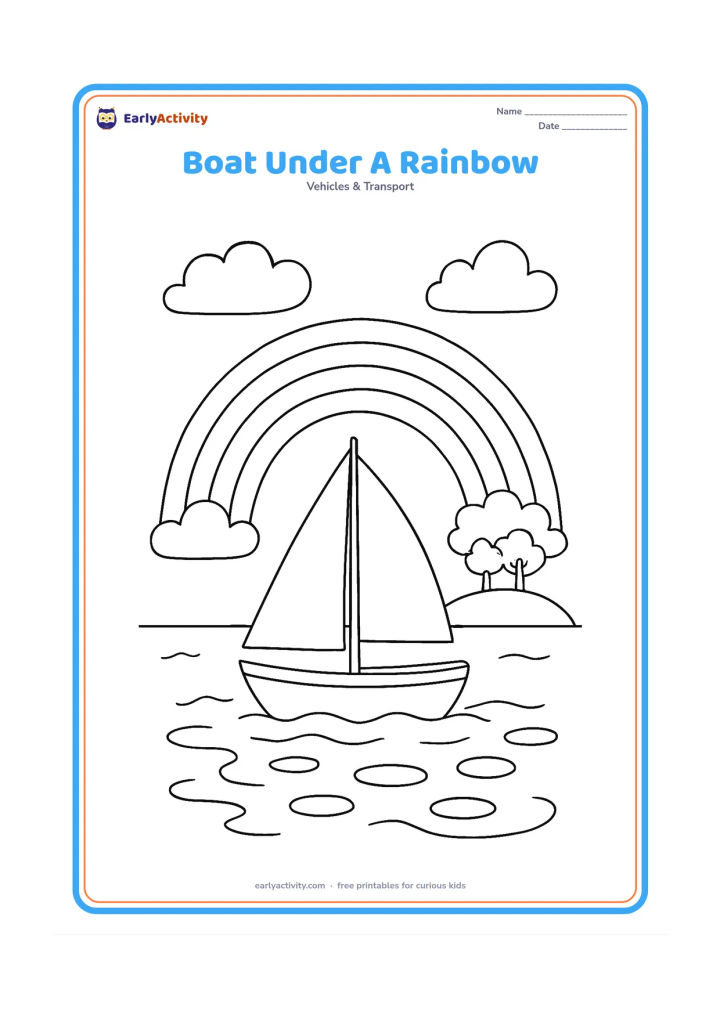 Colouring page: Draw a small sailboat travelling beneath a large rainbow after rain, with puddle-like ripples on the water and clouds clearing overhead. Add a distant island with two trees.
