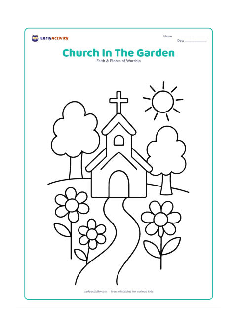 Colouring page: A little church surrounded by three large flowers, two leafy trees, a curving path, and a sun in the sky; include a small cross on the roof.