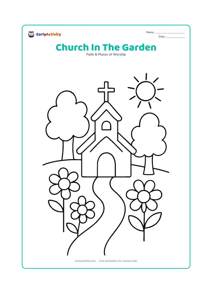 Colouring page: A little church surrounded by three large flowers, two leafy trees, a curving path, and a sun in the sky; include a small cross on the roof.
