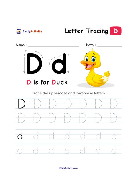 Tracing worksheet showing uppercase and lowercase D and d, dotted practice lines, and a yellow duck illustration.