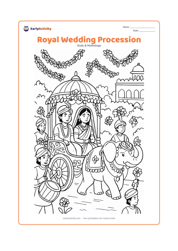 Colouring page: Ram and Sita travel in a decorated chariot during a joyful wedding procession, accompanied by musicians, flower bearers, elephants, palace balconies, and leafy garlands.