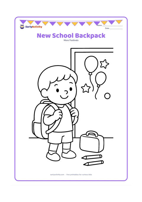 Colouring page: A child smiles while putting on a large school backpack beside a simple classroom door decorated with balloons and stars. Show a lunch box and two pencils on the floor without markings.