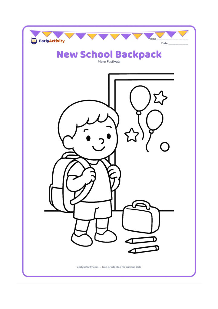 Colouring page: A child smiles while putting on a large school backpack beside a simple classroom door decorated with balloons and stars. Show a lunch box and two pencils on the floor without markings.