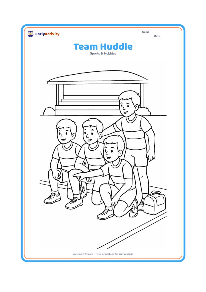 Colouring page: A group of kabaddi players kneel and stand in a team huddle beside the court, with one player pointing toward the playing area. Include sports shoes, a kit bag and a shaded school-ground…