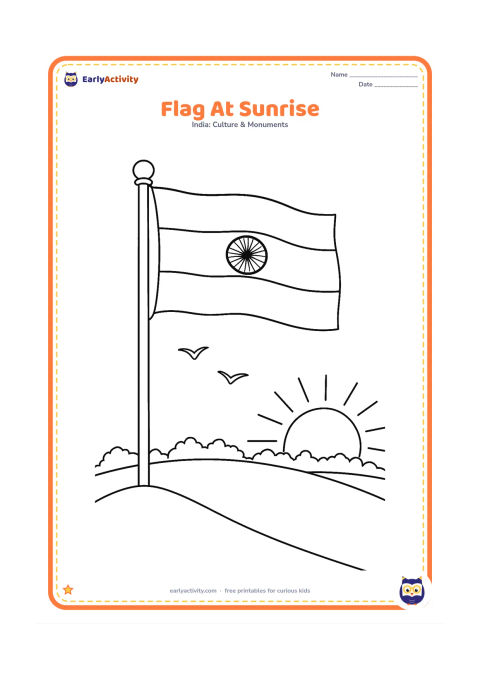 Colouring page: Draw the Indian flag flying from a tall pole on a hill at sunrise, with two birds in the sky and a simple row of distant trees. Keep the flag's three bands and Ashoka Chakra visible.