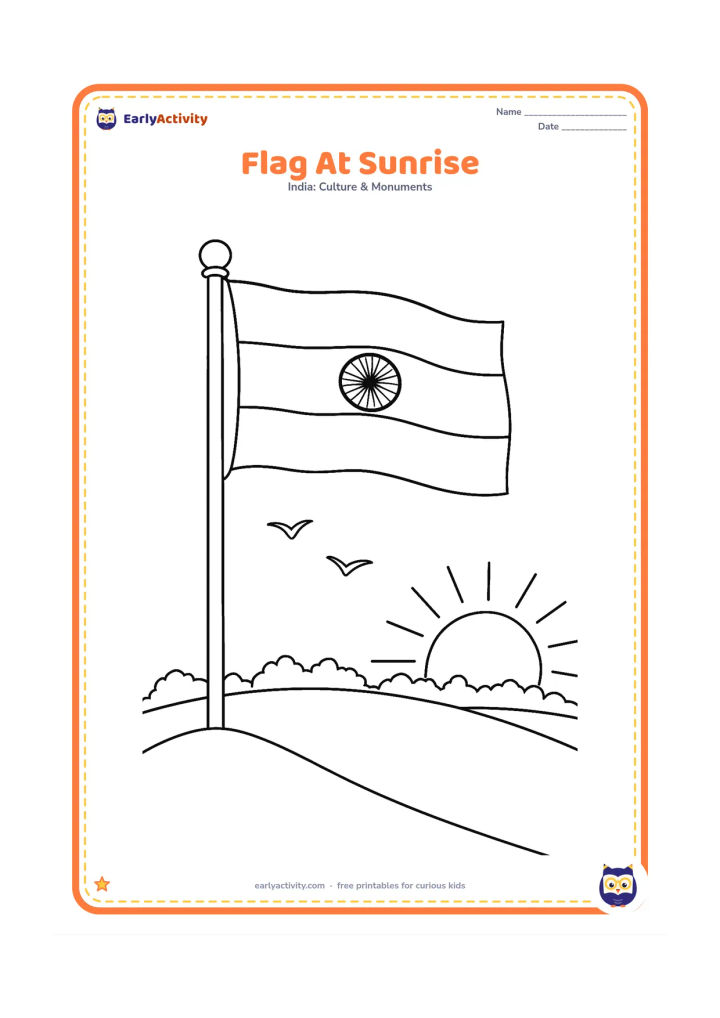 Colouring page: Draw the Indian flag flying from a tall pole on a hill at sunrise, with two birds in the sky and a simple row of distant trees. Keep the flag's three bands and Ashoka Chakra visible.