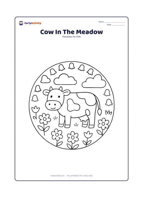 Colouring page: A gentle cow stands in the centre of a circular meadow mandala. Place large clouds, simple grass, broad flowers and evenly repeated bell-shaped forms around it.