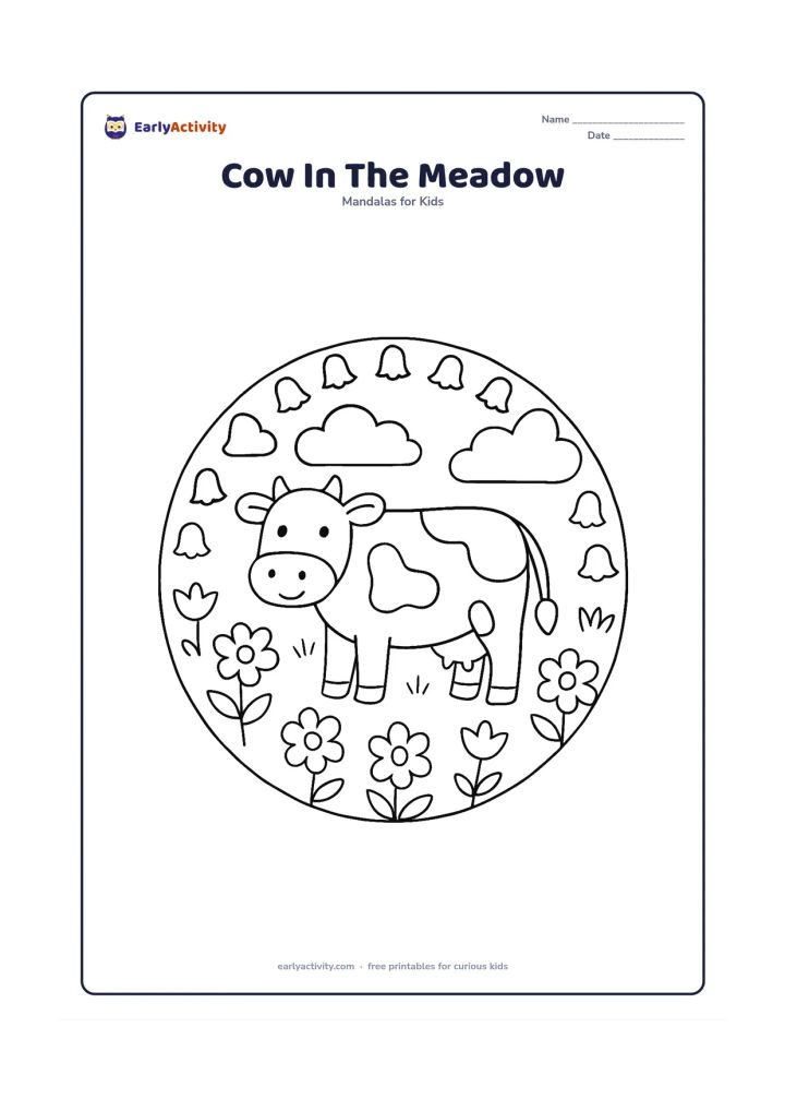 Colouring page: A gentle cow stands in the centre of a circular meadow mandala. Place large clouds, simple grass, broad flowers and evenly repeated bell-shaped forms around it.