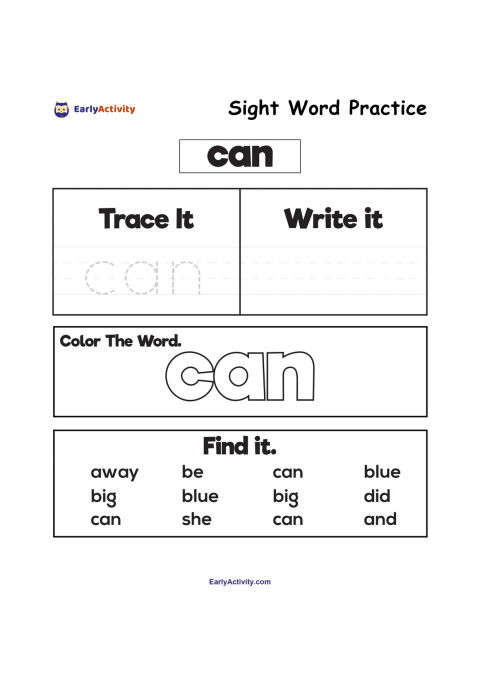 Worksheet featuring the sight word “can” for children to trace, write, colour and find among other words.