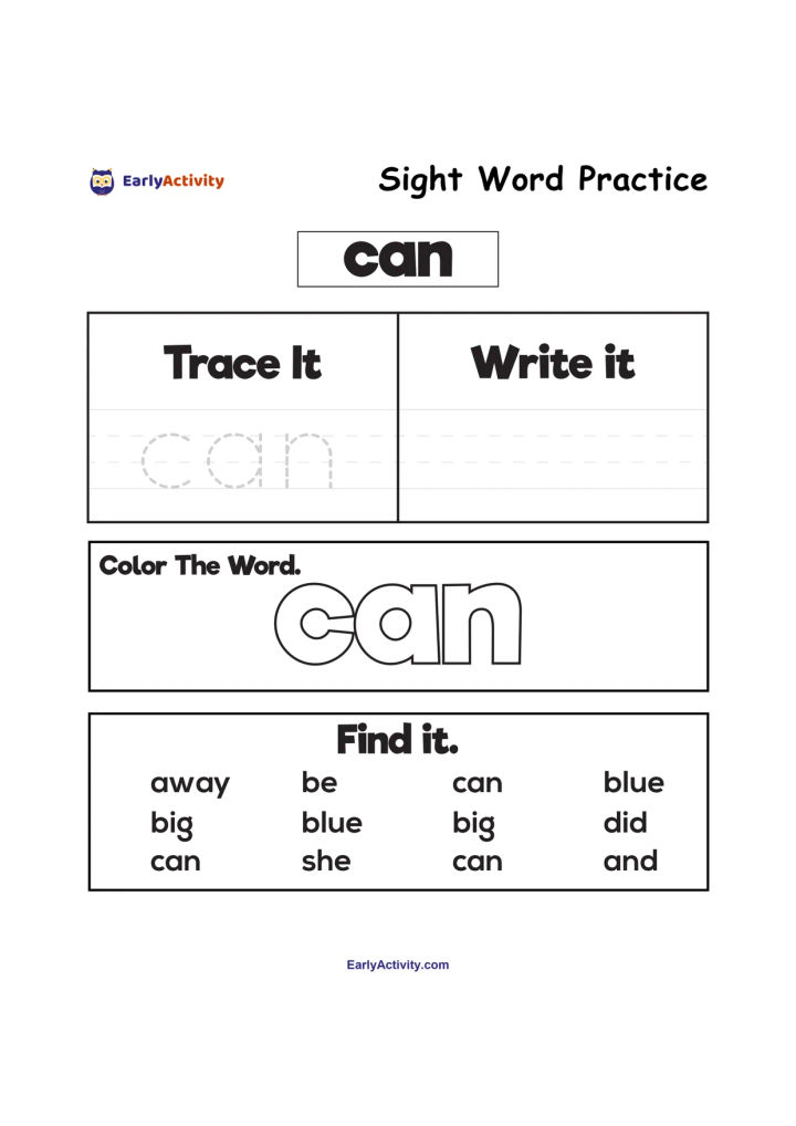 Worksheet featuring the sight word “can” for children to trace, write, colour and find among other words.