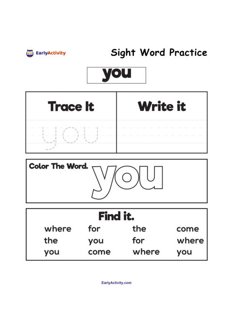Worksheet practising the sight word “you” with tracing, writing lines, a large word to colour, and a word-finding activity.
