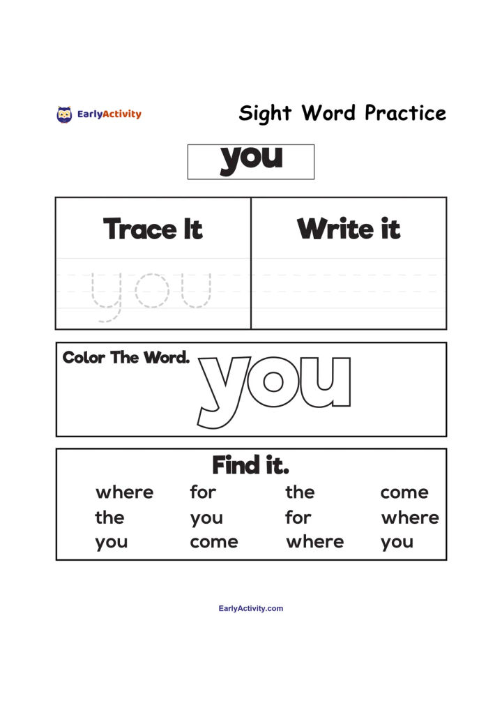 Worksheet practising the sight word “you” with tracing, writing lines, a large word to colour, and a word-finding activity.