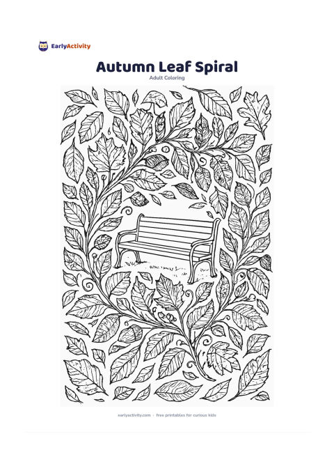 Colouring page: A large spiral arrangement of different leaves, acorns, seed pods and curling stems, with a small park bench at the centre. Include overlapping fallen leaves around the outer edge and a…