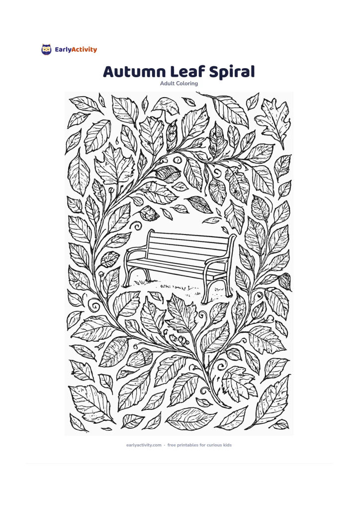 Colouring page: A large spiral arrangement of different leaves, acorns, seed pods and curling stems, with a small park bench at the centre. Include overlapping fallen leaves around the outer edge and a…