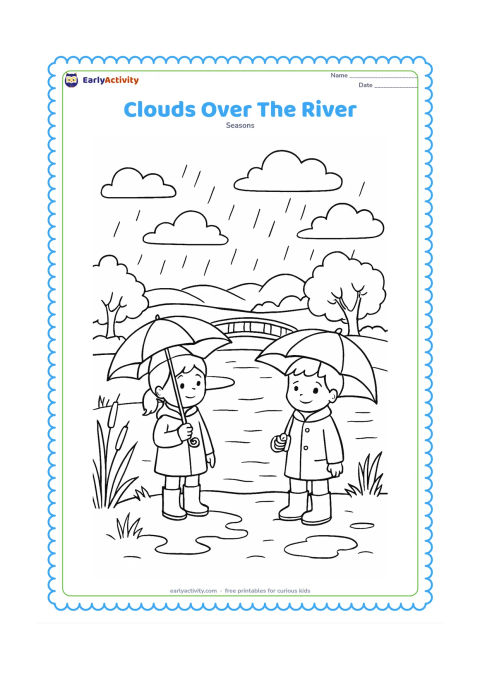 Colouring page: Two children stand safely on a riverbank with umbrellas, looking at rain falling over a broad river, a small bridge, trees, and distant hills. Add reeds, muddy puddles, and several cloud…