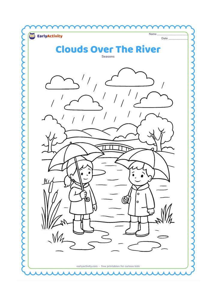 Colouring page: Two children stand safely on a riverbank with umbrellas, looking at rain falling over a broad river, a small bridge, trees, and distant hills. Add reeds, muddy puddles, and several cloud…