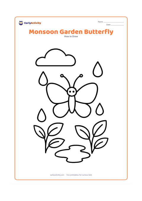 Worksheet: Show a simple butterfly flying above wet-looking leaves, two large raindrops and a small puddle, with a curved cloud overhead. Keep the butterfly front-facing with open, empty wings.