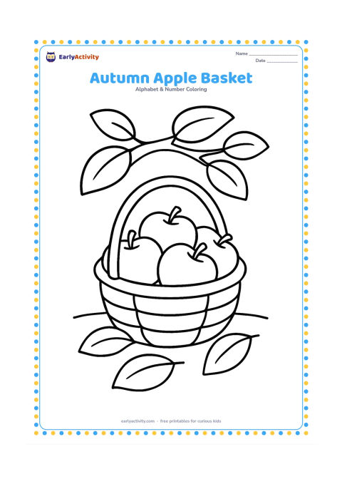 Colouring page: Draw a round basket filled with several large apples, with three broad fallen leaves around it. Place the basket on a simple ground line beneath a leafy tree branch.