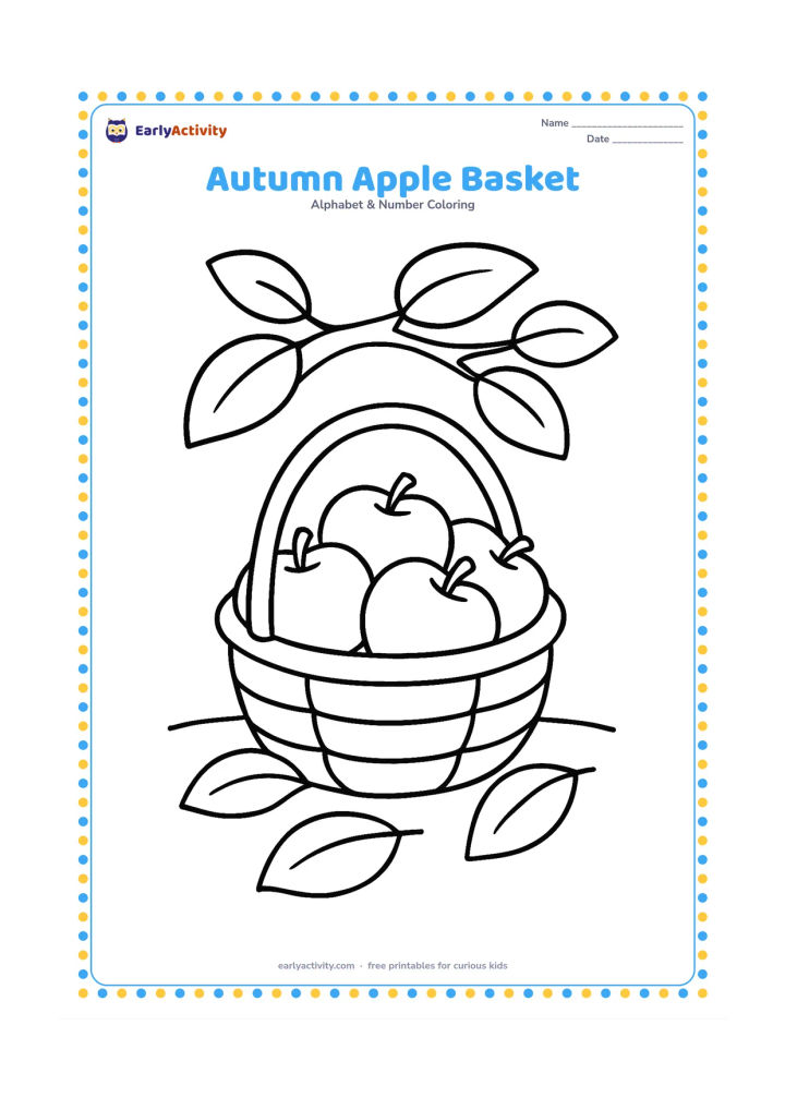 Colouring page: Draw a round basket filled with several large apples, with three broad fallen leaves around it. Place the basket on a simple ground line beneath a leafy tree branch.