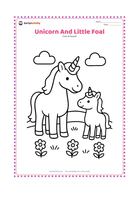 Colouring page: A friendly adult unicorn stands beside a smaller foal in a meadow with two clouds, three simple flowers and a low hill. Both animals should have clear, oversized body shapes.