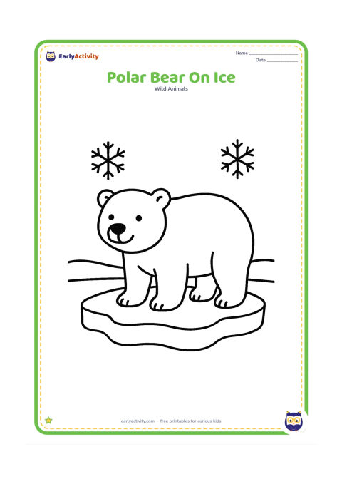 Colouring page: A polar bear standing on a large floating ice shape, with two simple snowflakes and a low curved horizon.