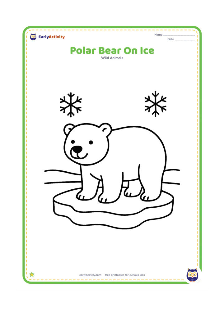 Colouring page: A polar bear standing on a large floating ice shape, with two simple snowflakes and a low curved horizon.