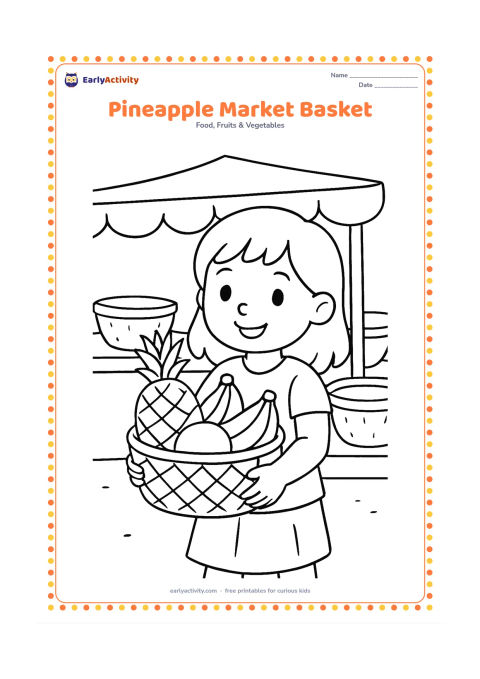 Colouring page: A shopper carrying a woven basket containing a pineapple, bananas, and an orange at an outdoor Indian market, with a canopy and a few plain baskets behind.