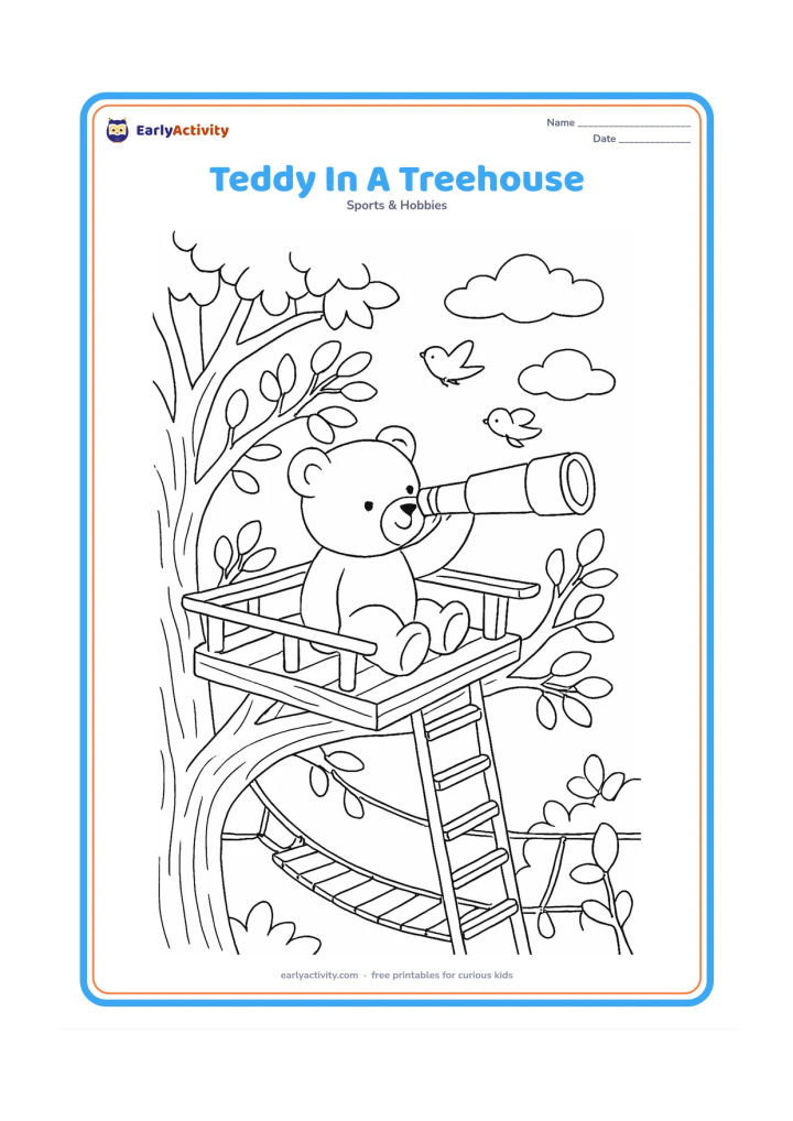 Colouring page: A teddy bear sits on a treehouse platform, looking through a telescope at birds and clouds, with a ladder, leafy branches and a rope bridge below. Keep the treehouse welcoming and secure.