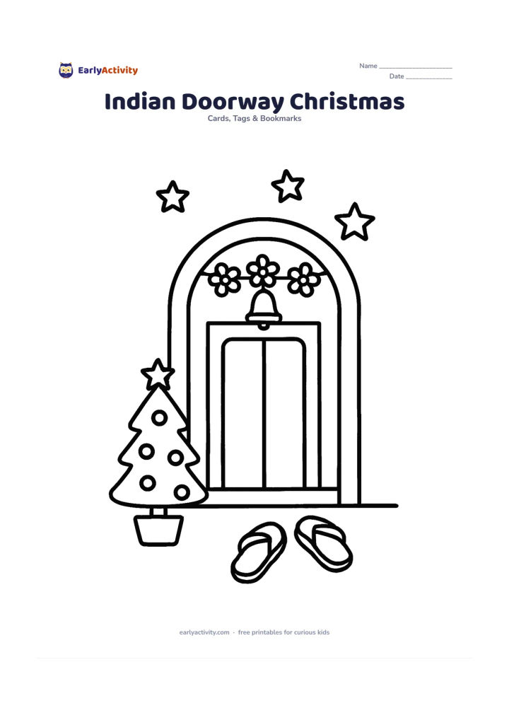 Worksheet: Draw a cheerful decorated Indian home doorway with a small Christmas tree beside it, a hanging bell and a simple flower garland. Add two sandals near the entrance and a few stars in the…