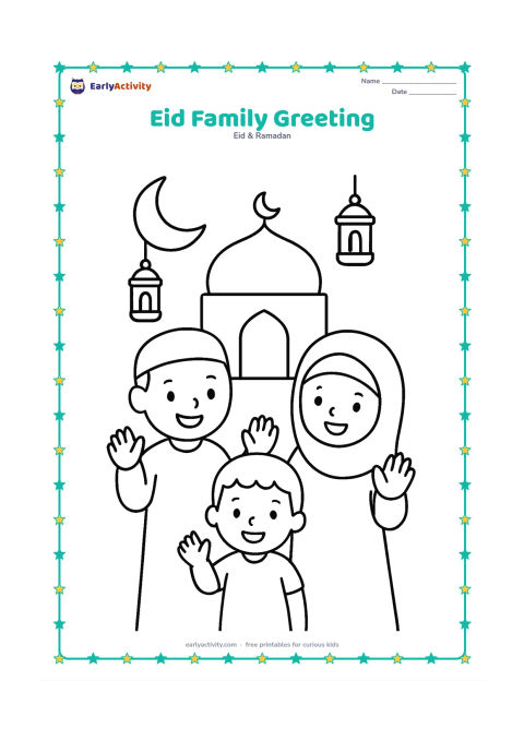 Colouring page: Draw three family members smiling and greeting one another beside a simple mosque outline, with a crescent moon and two lanterns above them. Show welcoming gestures without adding any…