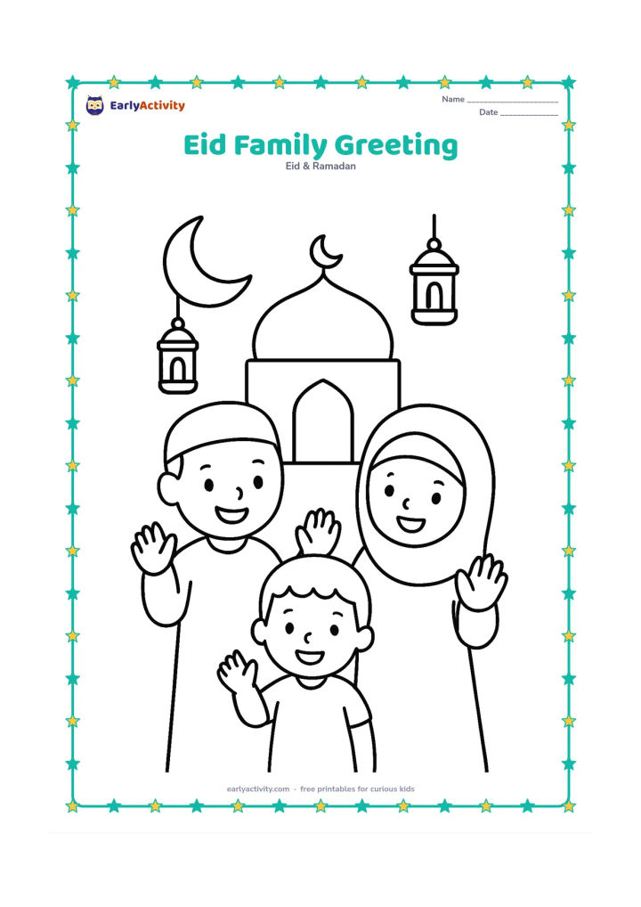 Colouring page: Draw three family members smiling and greeting one another beside a simple mosque outline, with a crescent moon and two lanterns above them. Show welcoming gestures without adding any…