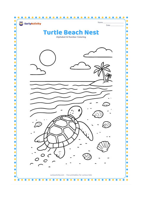 Colouring page: Draw a sea turtle crawling across a moonlit beach toward the ocean, with gentle waves, a nest area, dunes, shells, and distant palms. Show the turtle from behind with a carefully…