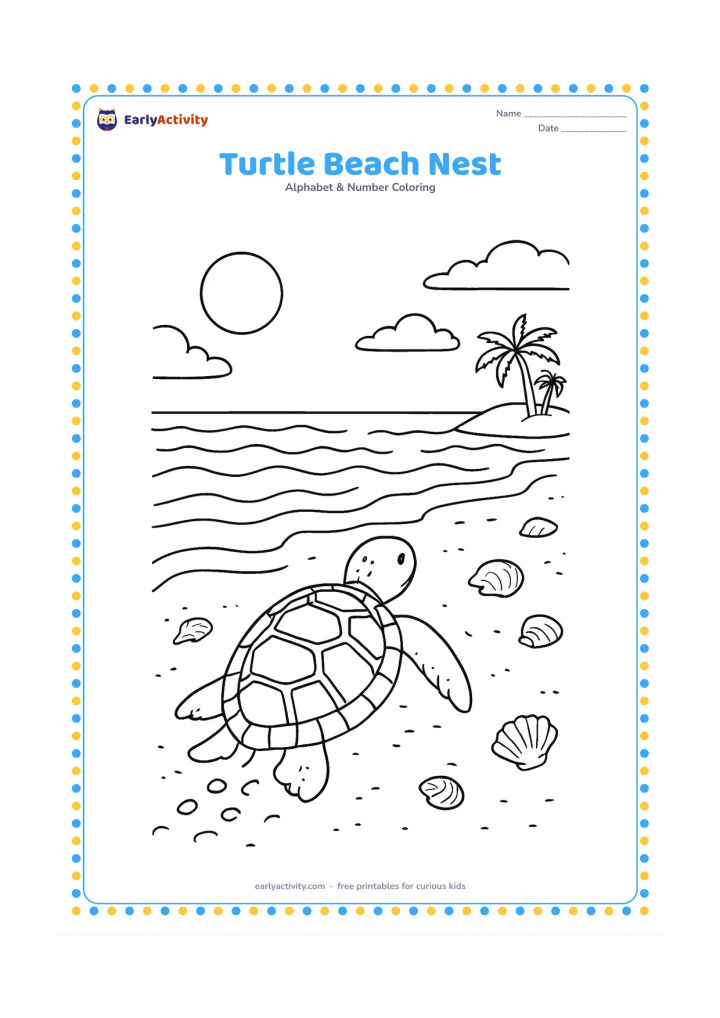 Colouring page: Draw a sea turtle crawling across a moonlit beach toward the ocean, with gentle waves, a nest area, dunes, shells, and distant palms. Show the turtle from behind with a carefully…