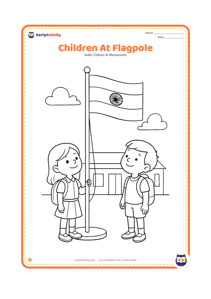 Colouring page: Draw two school-age children standing beside a tall Indian flagpole, one holding the rope and the other looking up at the raised flag. Add a low school building with blank windows in the…
