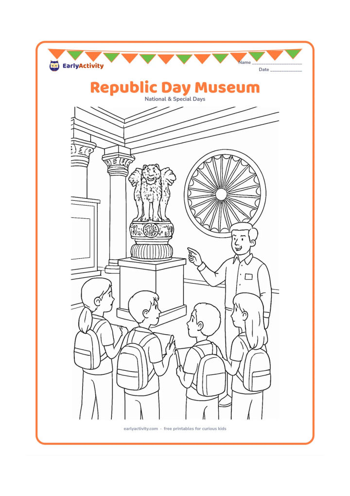 Colouring page: Older children visit an Indian museum gallery in the evening and study a prominent Lion Capital of Ashoka replica on a pedestal, with a separate large Ashoka Chakra relief on the wall…