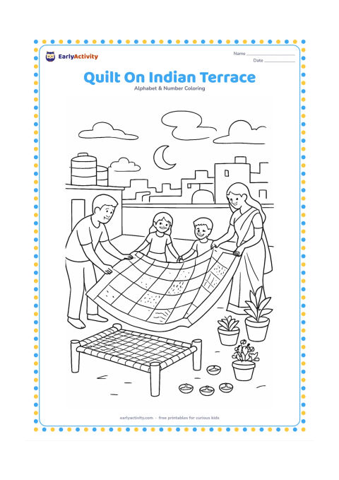 Colouring page: A family spreads a large quilt across an Indian rooftop terrace at dusk. Show a charpai, clay lamps without flames, potted plants, water tanks, a low parapet, and a moonlit skyline.