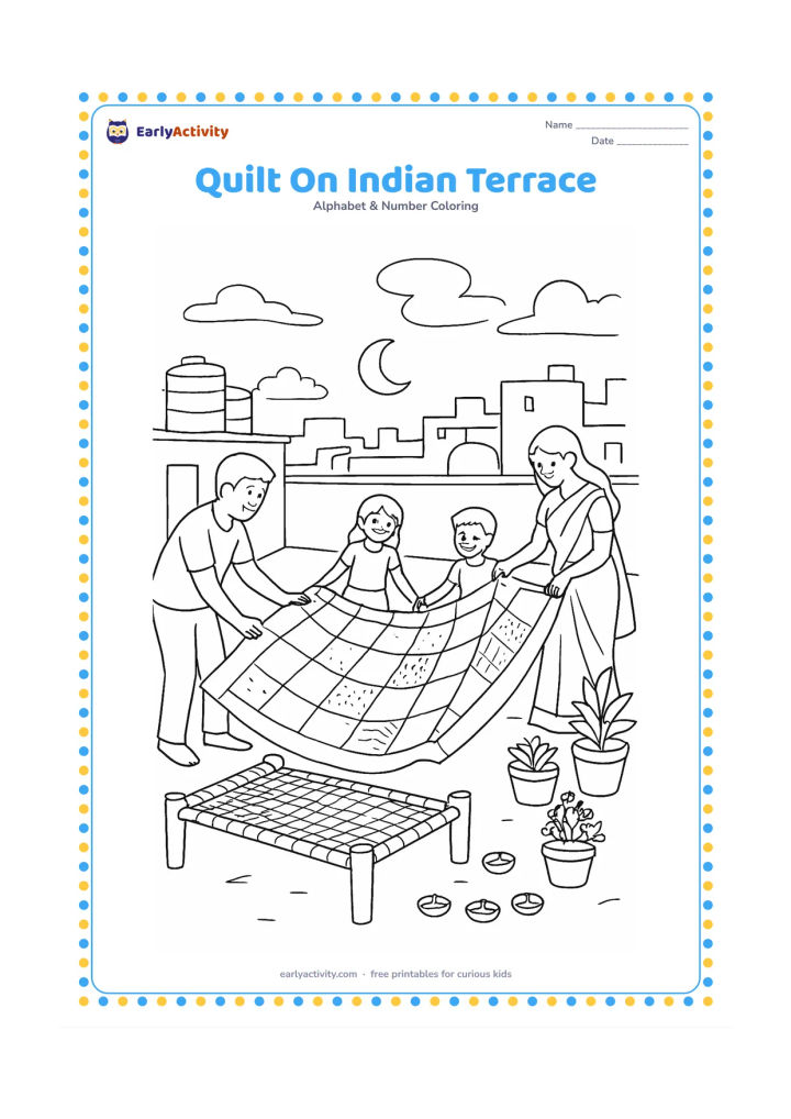 Colouring page: A family spreads a large quilt across an Indian rooftop terrace at dusk. Show a charpai, clay lamps without flames, potted plants, water tanks, a low parapet, and a moonlit skyline.